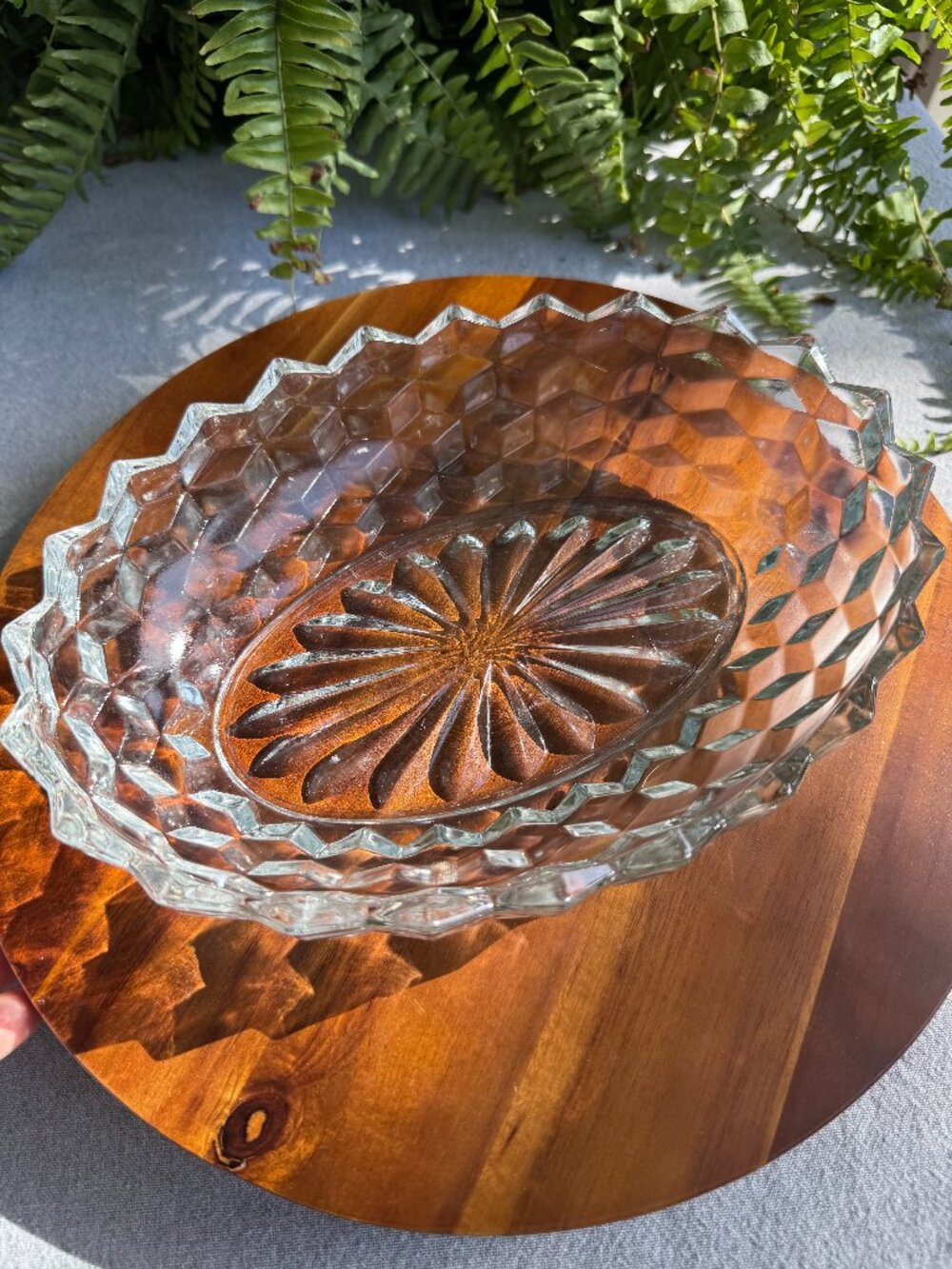 Vintage Fostoria American Clear Glass Oval Serving Bowl ,Diamond Cubist Dish